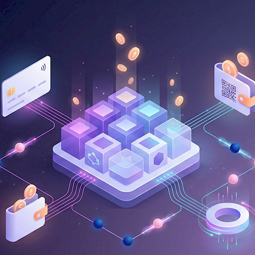 Isometrische Illustration einer modularen Payment-Plattform mit verbundenen APIs, digitalen Wallets, Kreditkarten und Datenflüssen zur Darstellung skalierbarer Payment-Integration und Monetarisierung