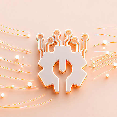3D-Illustration eines Zahnrads mit Schraubenschlüssel und digitalen Verbindungen als Symbol für Qualitätssicherung in der Softwareentwicklung.