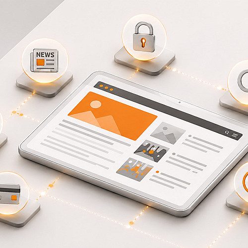 Illustration eines modernen Content-Management-Systems mit Tablet, Notizbuch und vernetzten Funktionen für Redaktion, Suche, Sicherheit und digitale Inhalte.