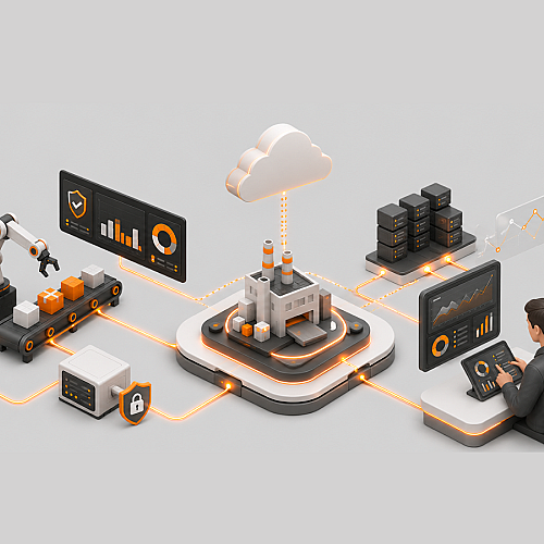 Illustration einer vernetzten Industrie-4.0-Produktionsumgebung mit automatisierter Fertigung, Cloud-Anbindung, Datenplattform und Sicherheitsfunktionen. Ein Mitarbeitender überwacht Produktions- und Maschinendaten über digitale Dashboards, während vernetzte Systeme Daten in Echtzeit austauschen und die Analyse sowie Optimierung der Fertigungsprozesse unterstützen.