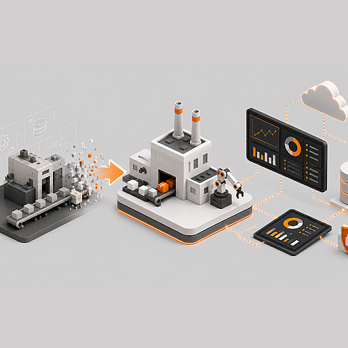 Illustration einer Industrie-4.0-Transformation: Eine bestehende Produktionsanlage wird zu einer vernetzten Smart Factory modernisiert. Cloud-Anbindung, Datenplattform, Dashboard und automatisierte Fertigung ermöglichen die Echtzeitüberwachung, Analyse und Optimierung von Produktionsprozessen.