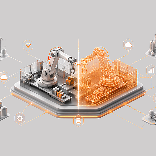 Isometrische 3D-Illustration eines Digital Twins: Eine industrielle Roboterzelle wird als physisches System und digitaler Zwilling dargestellt. Vernetzte IoT-, Cloud- und Analysekomponenten verdeutlichen Simulation, Prozessoptimierung und digitale Transformation.
