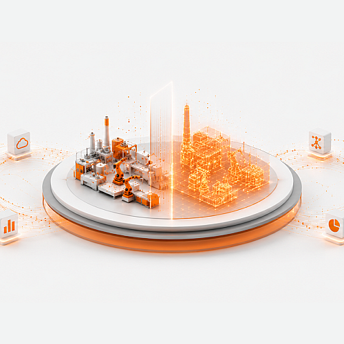 3D-Illustration eines Digital Twins als Grundlage für digitale Services und Prozessoptimierung: Eine physische Produktionsumgebung wird mit ihrem digitalen Zwilling verbunden und veranschaulicht Simulationen, Datenanalyse, Cloud Computing, IoT sowie die kontinuierliche Optimierung von Produkten und Fertigungsprozessen im Rahmen der digitalen Transformation.