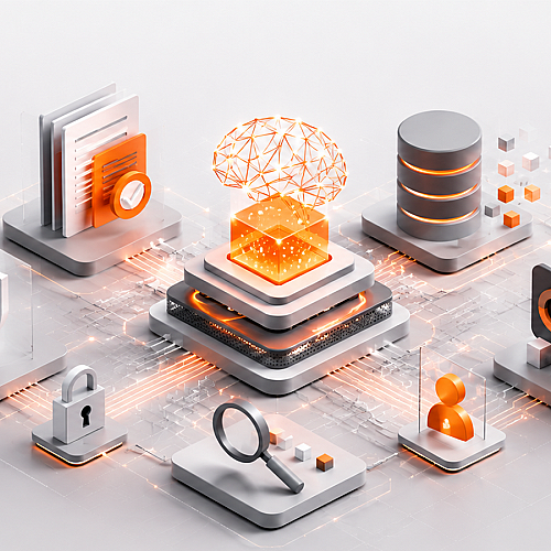 Isometrische Darstellung einer KI-Systemarchitektur mit Datenqualität, Security, Dokumentation und Monitoring im Kontext des EU AI Act.